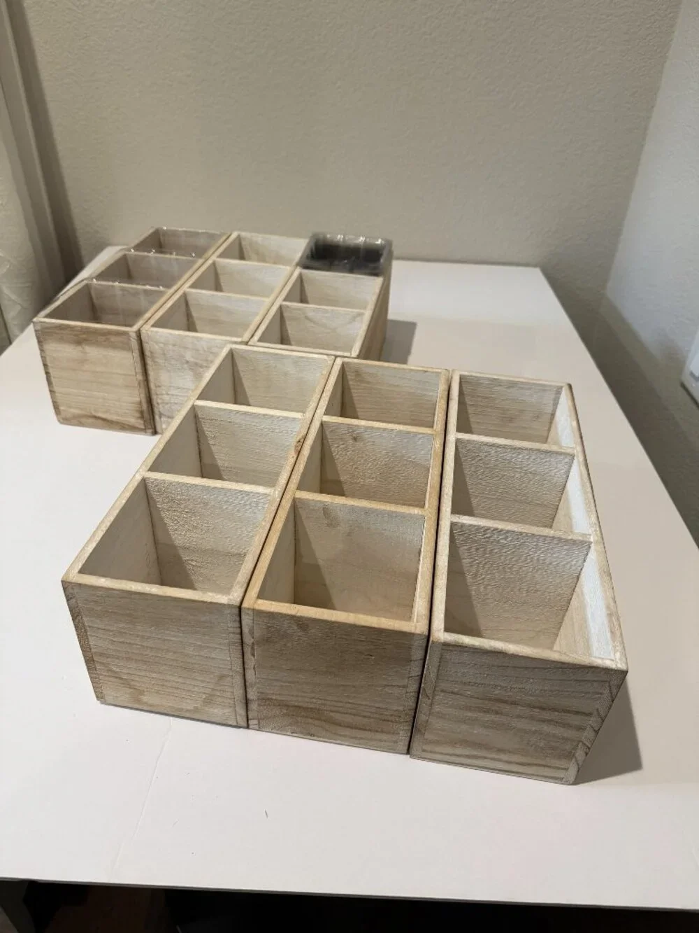 3 Set of Whitewashed Wood Planter Boxes 3 Compartment with Plastic Liners Rustic